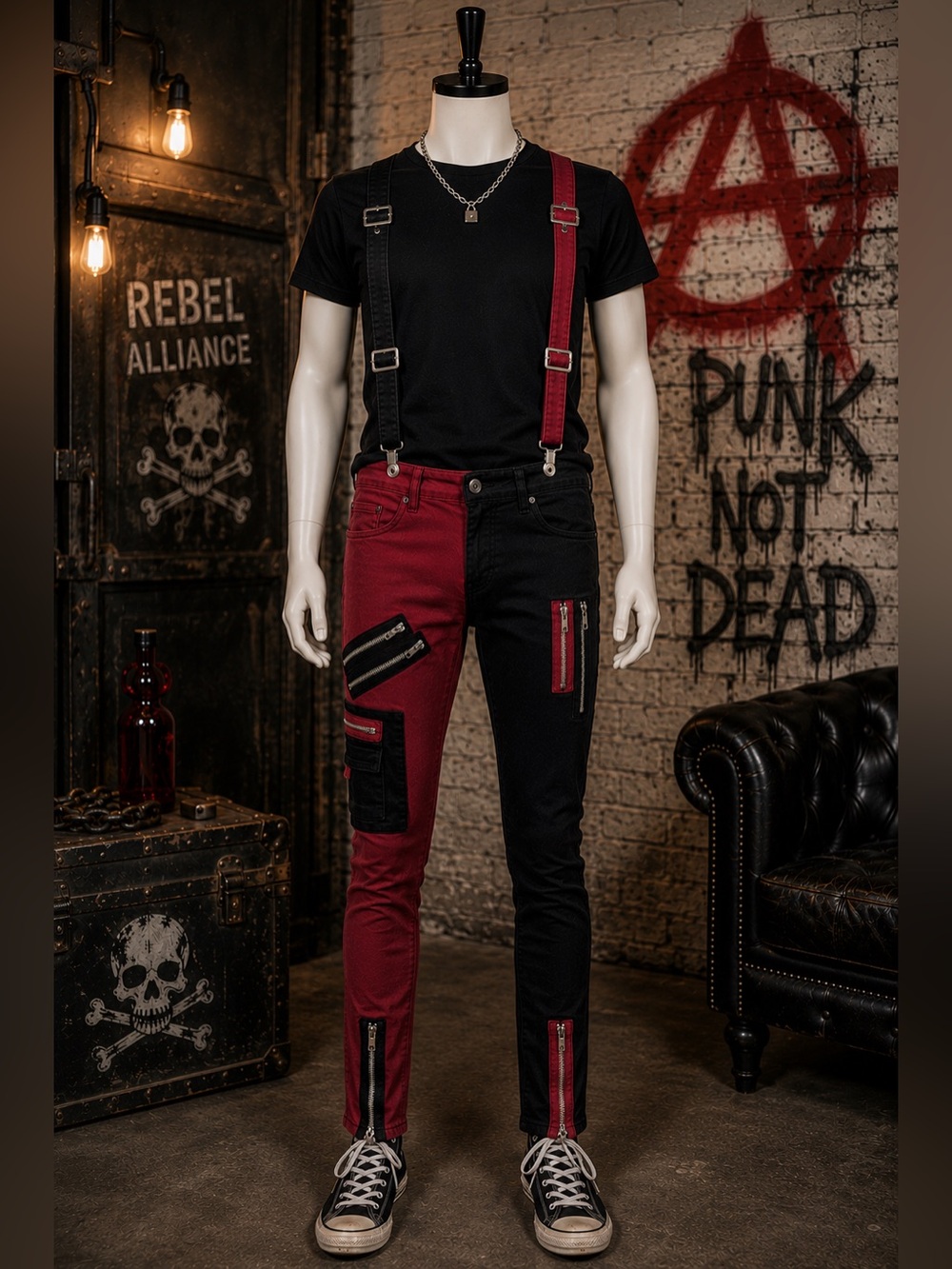 HT Denim Stinger Split Red Black Suspender Zip Cargo Punk Jeans 30x32